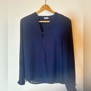 Navy Filippa K Sheer Blouse | Size 36 | Collarless Long Sleeve